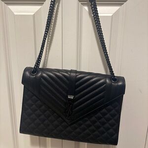Large Black Envelope Bag with Quilted Leather